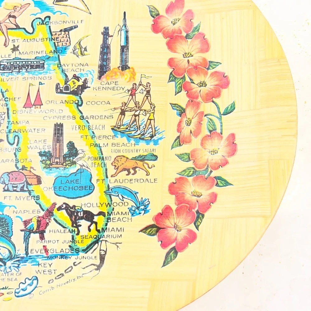 Vintage 70's Florida Souvenir Bamboo Oval Tray Collectible 16”x12” Beach Boho
